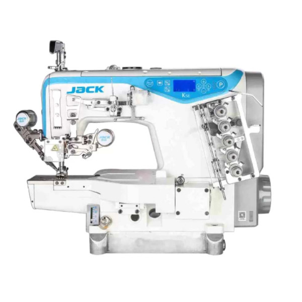 Jack K5E-UT-01GB-356 трехигольная плоскошовная машина с цилиндрической платформой, прямым приводом и автоматическими функциями с межигольным расстоянием 5,6 мм