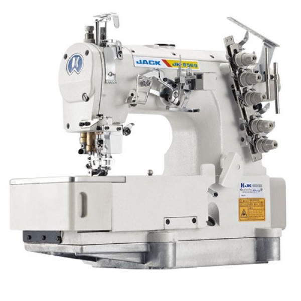 Jack JK-8569ADI-02BB Трьохголкова п'ятиниткова  розпошивальна машина з плоскою платформою бієчної модифікації