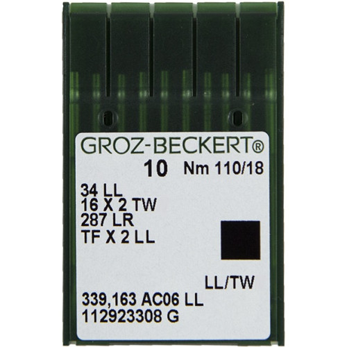 Голка Groz-Beckert 34LL, 16x2 TW, 287 LL з тонкою колбою ліва лопатка для шкіри 10 шт/уп