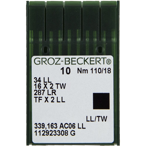 Голка Groz-Beckert 34LL, 16x2 TW, 287 LL з тонкою колбою ліва лопатка для шкіри 10 шт/уп